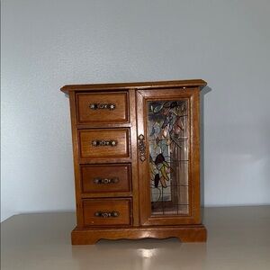 Vintage Wooden Jewelry Box with Stained Glass Door